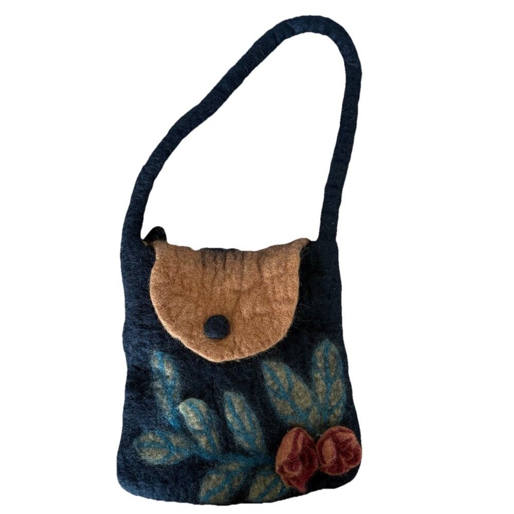 Vintage Felted 100% Wool 3D Floral Flowers Purse Shoulder Bag Boho Hippie Artsy